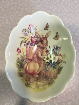 Cracker Barrel Easter Treasures Ceramic Oval Bowl Bunny Rabbit Basket Candy Dish