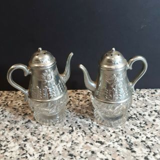 Vintage Silver Plate & Glass Coffee Tea Pot Top Salt & Pepper Shakers