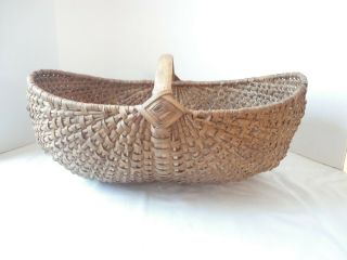 Antique Hand Woven Gathering / Market Basket W/ Bent Wood Handle Large Oval