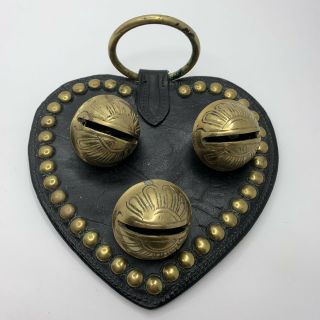 Antique Folk Art Brass Petal Sleigh Bells Studded Leather Heart Horse Tack Xmas