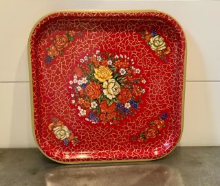 Decorative Vintage Tin Tray The Tin Box Company Of America Red Floral 1985