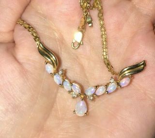 Vintage 14k Gold Opal And Diamond Necklace 17.  25 " Estate Catbird Style