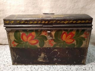 Vtg Tole Hand Painted Tin Box Dome Lid Green Metal Antique Floral Folk Art