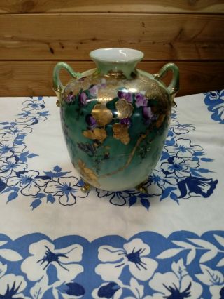 Antique 3 Footed Hand Painted Purple Flowers/gold Guild Handle Vase Art Nouveau