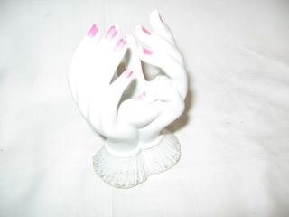 vintage pink painted fingernail hand vase Lefton with pink raised roses flowers 2