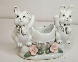 Vintage Ceramic/porcelain Easter Bunny Rabbits With Egg Dish Figurine Cute