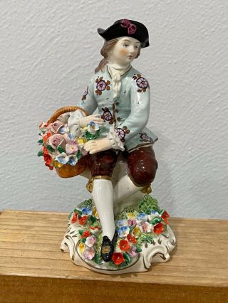 Vintage German Sitzendorf Porcelain Figurine Man W/ Basket Of Flowers