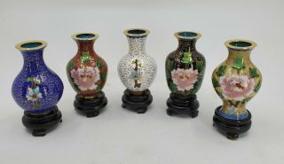 Set Of 5 Vintage Vases Chinese Cloisonne Urn Jar Vase Enamel Flowers