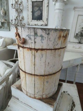 The Best Old Vintage Wood Ice Cream Bucket White With Patina Use As Planter