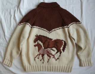 Vintage Cowichan Sweater Xxl Hand Knit Equestrian Horses Cardigan Full - Zip Wool