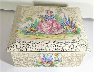 H&k Tunstall England Porcelain Covered Box W Pattern Of Lady & Gold Trim