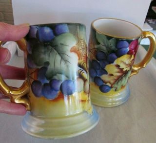 Pair Jpl Jean Pouyat Limoges Hand Painted Mugs Tankards Steins Spider Web Grapes