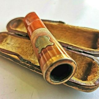 Antique 19th Century Cigarette Holder Meerschaum With Amber Gold Ring And Emblem