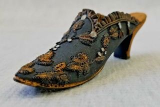 Miniature High Heel Shoe & Matching Purse.  Open Heel Pointed Toe Slide.  Black&gold