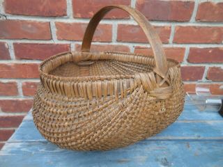 Good Large Antique Splint Basket With Carved Handle