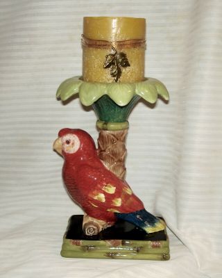 Tropical 9 " Raymond Waites Home Décor Ceramic Red Parrot Palm Tree Candle Stick