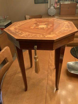 Vintage Italian Music Box Table; Inlaid Lacquered Wood Design,  Wind Up