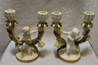 Antique Moore Brothers Porcelain Cherubs Candlestick Candle Holders