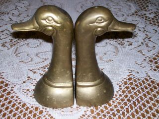 2 Vintage Solid Brass Duck Mallard Geese Head Bookends 6 1/2 " Retro Paperweight