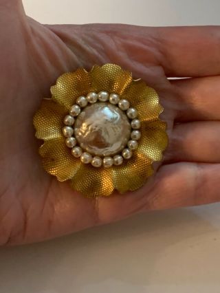 Vintage Signed Miriam Haskell Large Baroque Pearl Flower Gold Gilt Brooch Pin
