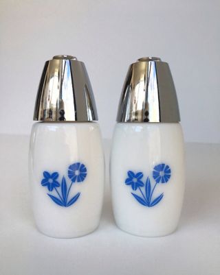 Vintage Gemco Milk Glass Salt and Pepper Shakers with Blue Flowers 2