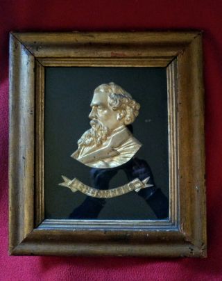 Antique Framed Gilded Bronze Relief Plaque Of Charles Dickens Victorian Ormolu