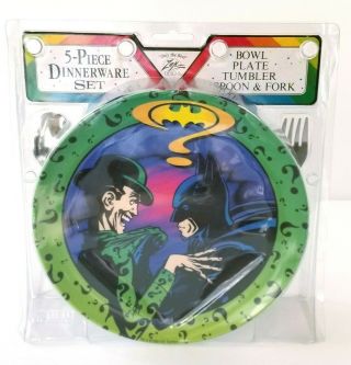 1995 Dc Comics Batman Forever 5 Piece Dinnerware Set Bowl Plate Spoon Fork