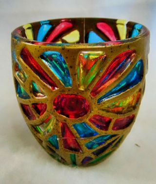 Vintage Christmas Stained Glass 3 " Candle Holder Glass Metal Japan Repaired