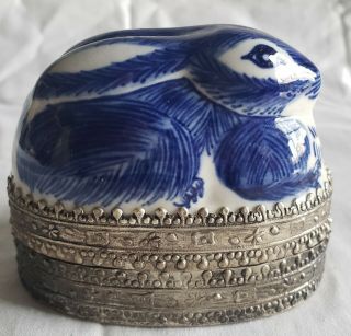 Bunny Porcelain Blue And White Silver Tone Metal Trinket Jewelry Box Vintage
