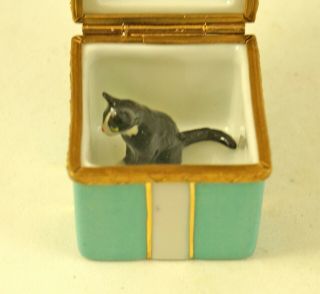 French Limoges Trinket Box Black Tuxedo Kitty Cat In Turquoise Gift Box