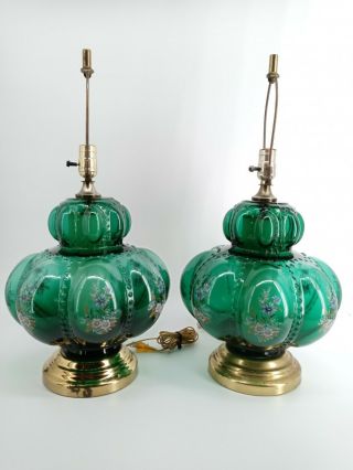 Vintage Table Lamps 3 Way Set Of 2 Bubble Beaded Green Floral Glass Wildflowers