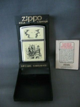 Vintage Zippo Lighter - Scrimshaw Ship And Lighthouse In Holder