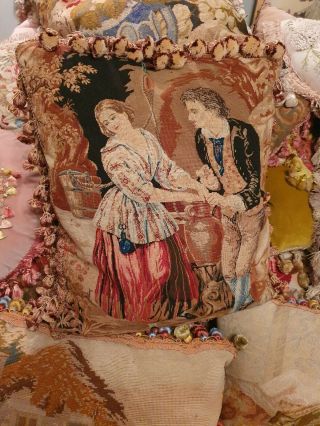 C1850s Antique Needlework And Tapestry Cushion Pillow