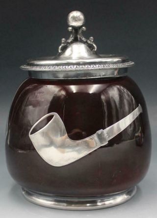 C1910 Antique Art Pottery & Sterling Silver Inlay Tobacco Humidor Jar