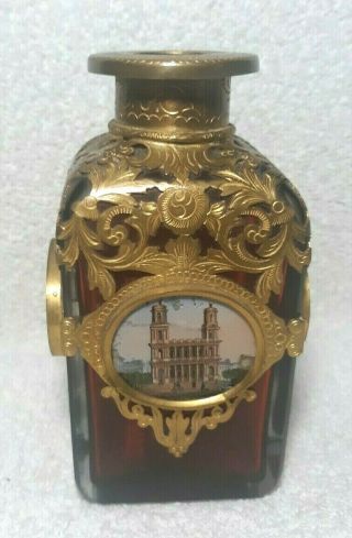 Antique French Palais Royal Ruby Red Glass & Dore Bronze Perfume Scent Bottle Wi