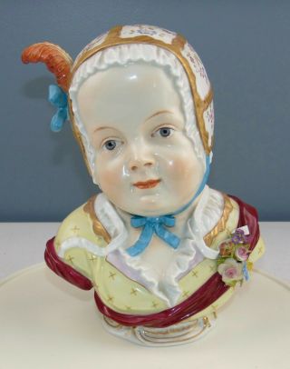 Antique Porcelain Bust Baby With Floral Bonnet Germany Dresden