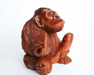 8.  5″ Thug Monkey Handmade Natural Wooden Statue Big Penis Middle Finger Point