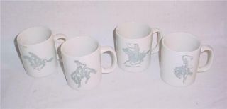 Set Of 4 Vintage 8 Ounce Coffee Mugs / Cups Rodeo Cowboy Bucking Bronco Western