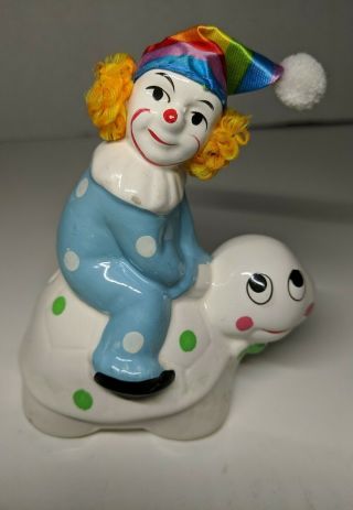 Vintage Ceramic Clown On Turtle Figure Bank Made In Taiwan 4 - 1/2 Inch Tall
