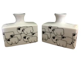 Omnibus Japan Matching Ceramic Bud Vases Rectangular White And Black Sheep Read