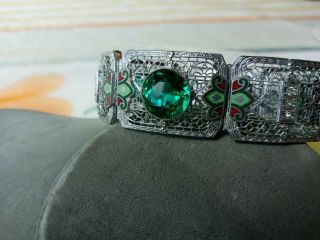 Vtg Art Deco Silver Filigree Bracelet W Green Crystals & Enamel