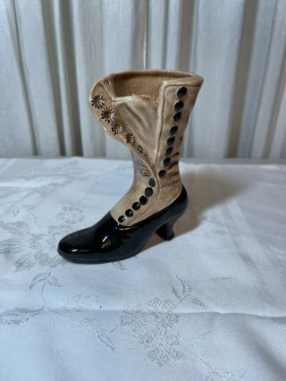 Vintage Brown Black Ceramic Glazed Victorian Boot Figurine