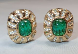 Vintage Christian Dior Green Mogul Cabochon Glass Clip - On Earrings In Gold Tone