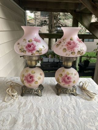 Vtg “gone With The Wind” Pink Glass Hurricane Night Lamps Roses Flower