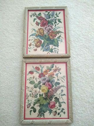 Set Of Two Vintage Shabby Chic Print Flower Floral Bouquet Pictures In Frame
