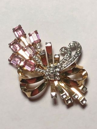 Rare Vintage Signed Mazer Gold Tone Bow Brooch With Pink And Clear Stones