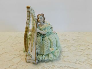 Stunning Muller Volkstedt Irish Dresden Figurine Porcelain Lace Green - Harp