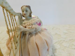 Stunning Muller Volkstedt Irish Dresden Figurine Porcelain Lace - Pink - Harp