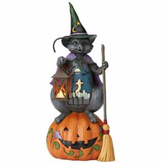 Enesco Jim Shore Heartwood Creek Halloween Witch Cat With Pumpkin Lantern Statue