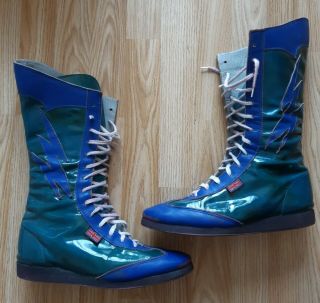 Vintage Patent Leather Lightening Strike Wrestling Boots Made In Gb